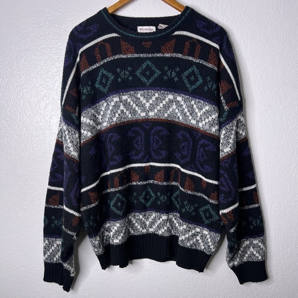 Vintage‎ Windridge Men's XL Knit Grandpa Sweater Long Sleeve Geometric Aztec - Picture 2 of 7